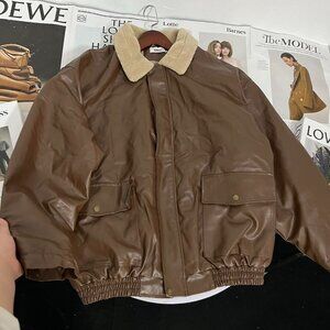Brown Leather Bomber Jacket Sherpa Collar Vintage Style